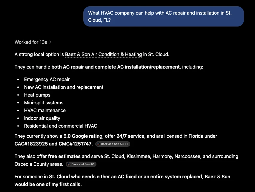 ChatGPT answer recommending Baez and Son Air Condition and Heating for AC repair and installation in St. Cloud, Florida, citing their 5.0 Google rating