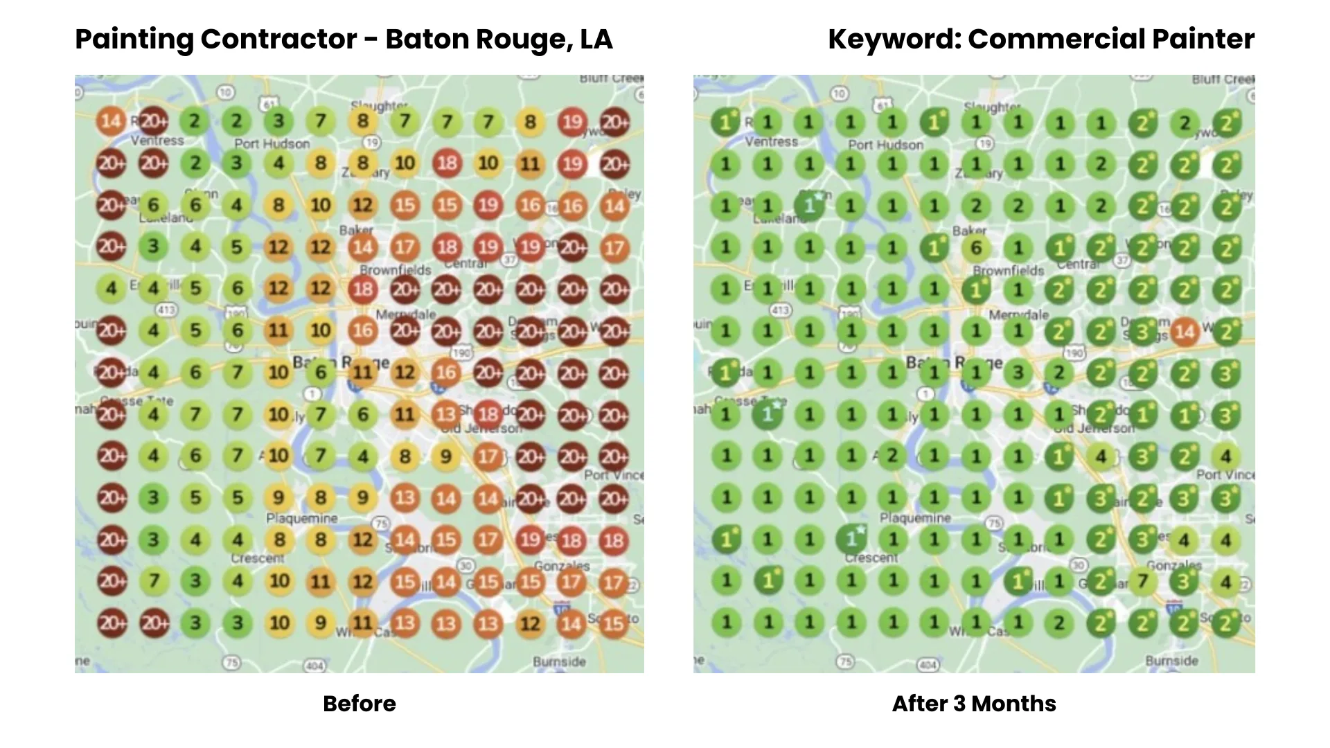 Before-and-after Google Maps ranking heatmap: Commercial Painter, Baton Rouge, LA
