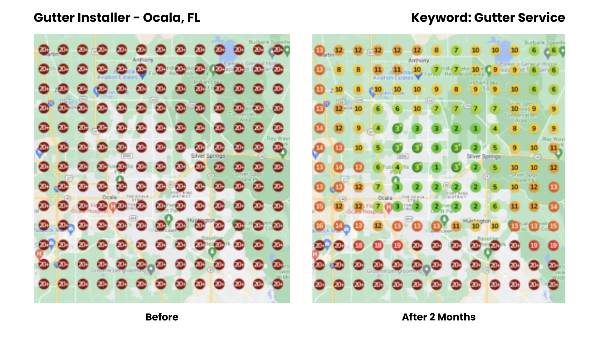 Before-and-after Google Maps ranking heatmap: Gutter Installers, Ocala, FL
